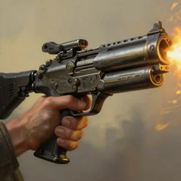 detail of hand holding cyberpunk big gun firing, atmospheric lighting, painted, intricate, golden hour, ultra detailed by peter gric, giger, enki bilal