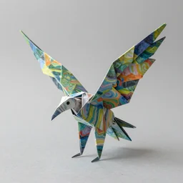vulture origami, impressionist art, made by a joint team of artists,