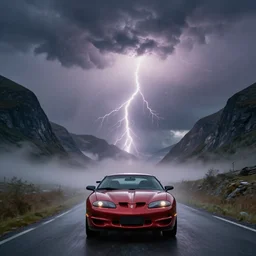 pontiac firebird trans - am driving towards the camera, norway mountains, cinematic, volumetric lighting, foggy, wide shot, low angle, huge mountains, large lightning storm, thunder storm, tornado