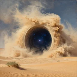 intergalactic stargate portal in the middle of a desert, with a sandstorm raging around it by paul cezanne