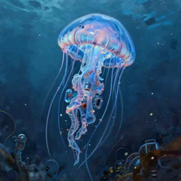 a hyper detailed painting of a cyberpunk jellyfish, cables everywhere, blue tones, underwater, futuristic hi-tech details, art by jean giraud
