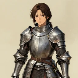 a rustic woman wearing medieval armor, by yusuke murata