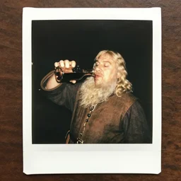 polaroid photo of a tolkien dwarf, pouring wine into his mouth