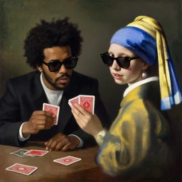 the weeknd and drake wearing sunglasses playing cards by johannes vermeer, brown skin, classical painting, digital painting, romantic, vivid color, oil painting