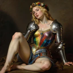 sweating, seductive saoirse ronan, blonde hair, wearing medieval of all the colours of the rainbow armour, posing seductive, looking seductively, ornate wreath, legs, oil painting by titian, hard focus