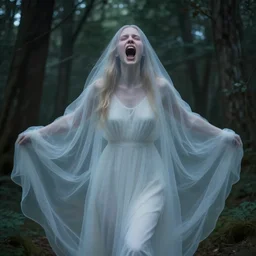 in the style of thomas kinkade, abigail larson, joshua middleton, transparent female ghost screaming, flowing dress, middle shot, symmetrical face, in the woods, moody lighting, dark fantasy
