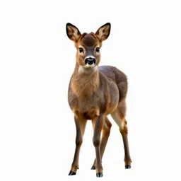 fluffy fawn, photorealistic wildlife photography, full body, isolated on a pure white background, centered, entire subject in frame, sharp focus, soft studio lighting