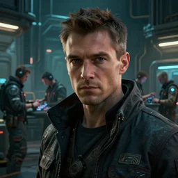 highly detailed closeup portrait of a cyberpunk spacecraft engineer at the docks, engineers working at the background, cyberpunk, moody, luminescent, rule of thirds, golden ratio, ambient lighting, syd mead, greg rutkowski, wlop, artgerm, artstation, highly detailed masterpiece