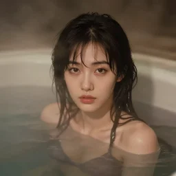 photographic portrait by Annie Leibovitz of an anime girl in a hot tub, closeup, foggy, sepia, moody, dream-like, sigma 85mm f/1.4, 15mm, 35mm, 4k, high resolution, 4k, 8k, hd, full color