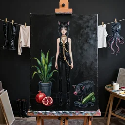painting of a black painted canvas, on an easel in a dark artist's studio with black walls, tall emo catgirl, wet black clothes, hemp rope, bromeliad, paint, clothes hanging on a clothesline to dry, 6 black boots, pomegranate, a black pig, courgette, black octopus, sensual, acrylic and oilstick on canvas