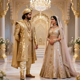 an indian prince and princess in a palace, shiny, fantasy, intricate, elegant, hyper detailed, ultra definition, photoreal, artstation, unreal engine rendered, concept art, smooth, sharp focus, illustration, art by artgerm and greg rutkowski and alphonse mucha and garis edelweiss