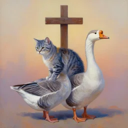 painting of cross between cat & goose, intercrossed animal, by tiffany bozic, by corine perier, by ellen jewett, cold hue's, warm tone gradient background, beautiful composition, digital painting