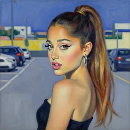 portrait of ariana grande at a parking lot in ibiza, pointalism art by georges seurat