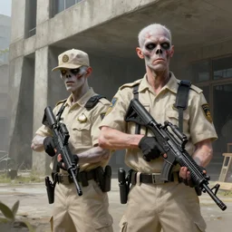 pale zombie security officers in beige uniform in burtalist concrete building by greg rutkowski trending on artstation digital painting highly detailed 4 k 8 k hd holding bullpup