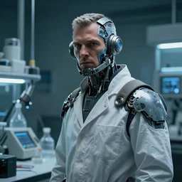 a laboratory operator man with dystopian scifi gear, scifi character portrait by greg rutkowski, craig mullins, cinematic lighting, cybernetic enhancement