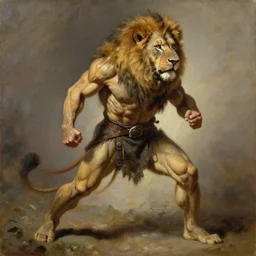muscular lion as barbarian hunter full body battle pose,human legs ,very textured detailed oil painting by rembrandt