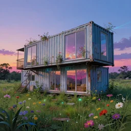 a beautiful very detailed painting of urbex container home by arne jacobsen, at dusk anime tron vaporwave hyperrealism fisheye uv light meadow studio ghibli lightpaint laser san andreas reclaimed by nature flowers, archdaily, wallpaper, highly detailed, trending on artstation.