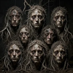 several portraits of human faces made of large roots and small wire and strings, rotten, filth and grim, disgusting scaryflash photography, cinematic, dark, depressing