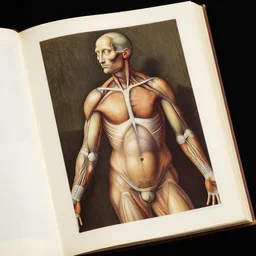 an open page of the voronoi manuscript, depicting a digital painting of human anatomy by da vinci, extremely detailed, professional, epic highlights, full colors