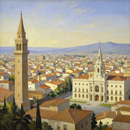 a painting of the Great City of Alamara, in the foreground you can see the Tower of the Protector, the Natural Museum of Alamara and the City Hall