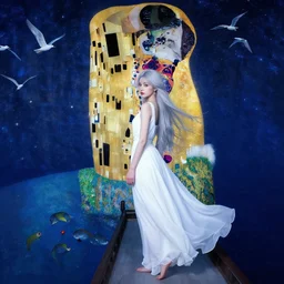 a young thin woman with sliver long hair wearing a long white dress, on a boat flowing in the deep blue starry sea, flying white birds, sea animals, like a dream, hyperrealistic, highly detailed, gothic, by gustav klimt, whole body, look back