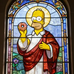intricate stained glass window of Homer Simpson as Jesus wearing a robe, holding a donut with pink icing, blessing, halo, peaceful, sunlight shines through, award winning photograph