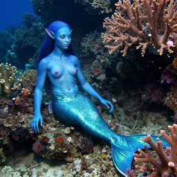 photo of a blue skinned humanoid mermaid next to a coral reef