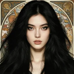 portrait of a tall 4 0 - year - old woman with thin lips, long, voluminous black hair, and thick eyebrows, wearing in black clothes, hyper realistic face, beautiful eyes, close up, fantasy art, in the style of greg rutkowski, intricate, alphonse mucha, hyper detailed, smooth