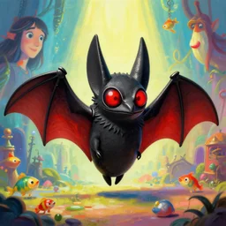 wide - angle profile face portrait of a tin toy jack the ripper as a bat with glowing red eyes, nicoletta ceccoli, mark ryden, lostfish, max fleischer, hyper realistic, artstation, illustration, digital paint, matte paint, vivid colors, bright, cheerful, detailed and intricate gothic environment