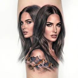 creative double exposure effect tattoo design sketch of megan fox and beautiful mountains, realism tattoo, in the style of matteo pasqualin, amazing detail, sharp