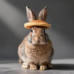 a photorealistic photo of a rabbit, the rabbit has a pancake on its head