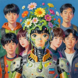 surreal gouache painting, by yoshitaka amano, by ruan jia, by conrad roset, by kilian eng, by good smile company, detailed anime 3 d render of a mechanical melting android head with flowers growing out, portrait, cgsociety, artstation, modular patterned mechanical costume and headpiece, retrowave atmosphere