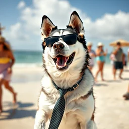 husky in a sunglasses and a tie on the beach dancing