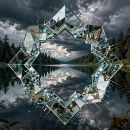lake with mirrors, shattered glass textures, mirrored reflections, cinematic, filmic, detailed and intricate, elegant, ornate, realistic, stormy, ominous, portal, dimensions, true detective, forest, kaleidoscope, isometric