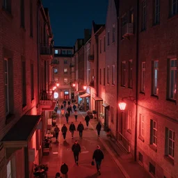 high quality photograph of a city at night, nightlife, people walking, 4 k professional photograph, nice place to live, midrise buildings, narrow streets, soft reddish street lamps, small windows, cozy, trending on artstation, detailed, beautiful, photograph, realistic