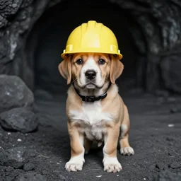 puppy wearing hard hat in dusty coal mine, photo from 1 9 9 8,