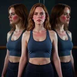 symmetry!! christina hendricks!!! full frontal body photography christina hendricks in yoga clothing, croptop!! sweating, blushing, red - cheeks!!, dim volumetric cinematic lighting, 8 k, post - processing, extremely hyper - detailed, intricate, epic composition, masterpiece, stunning,