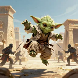 a detailed yoda disguised as ezio from assassin's creed in an action pose doing parkour, freerunning evading bandits, background ancient egypt, digital art, artstation hd, ubisoft concept art, concept art