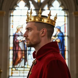 side - view portrait of a man wearing a golden crown, crowned, crown with short spikes, buzzcut, stubble, he wears a red coat, gothic stained glass window, very masterful, royal, backlit
