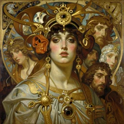 hyper realistic painting of the black hole head, gold ornaments, flowing fabric, intrincate detail, detailed faces by wayne barlowe, gustav moreau, goward, gaston bussiere and roberto ferri, santiago caruso, and austin osman spare, ( ( ( ( occult art ) ) ) ) bouguereau, alphonse mucha, saturno butto