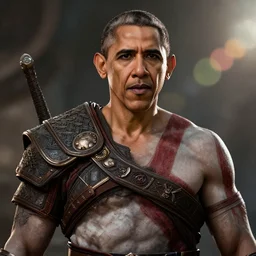 portrait of barack obama!! obama!! as kratos!!! in god of war, movie still, cinematic lighting, ray tracing, octane render, long lens, shallow depth of field, bokeh, anamorphic lens flare, 8 k, hyper detailed, 3 5 mm film grain