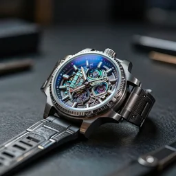 complex 3 d render of a cyberpunk watch lying on a table, simple design, high detail, sharp focus, iridescent glass, glowing interior components, intricate detail, depth of field, bokeh, cinematic lighting and composition, octane render, film grain, art deco