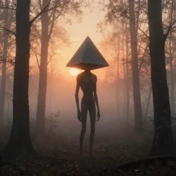 long subtle humanoid from another planet with big pyramid head, lost in the foggy woods, by simon stalenhag, roger dean and greg rutkowsky, sunset