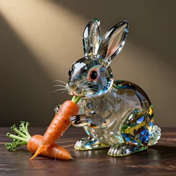 a rabbit made from glass eating a crystal carrot, in the style of the dutch masters