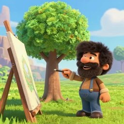 !Bob Ross painting a happy tree outdoors, 3d, pixar, animation, 4k, UHD