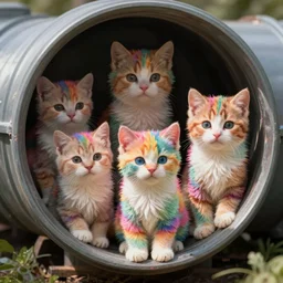 several adorable kittens with rainbow fur stuffed in a drain pipe