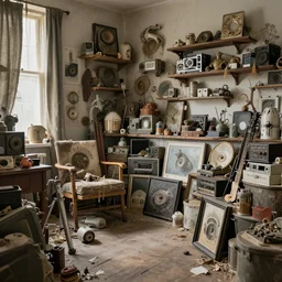 ultra - realistic, highly - detailed photo of a room full of unidentifiable objects