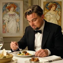 leonardo dicaprio eating dinner, character sheet, character design, contrast, deep focus, turnaround, highly detailed, dramatic lighting, digital painting, artstation, concept art, matte, sharp focus, illustration, elegant, art by artgerm and greg f and alphonse mucha.