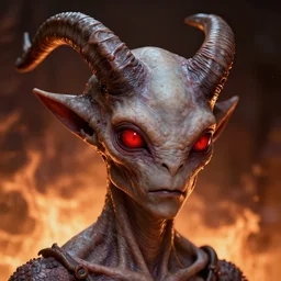 realistic alien with horns. red eyes, human eyes, background flames, by ross tran