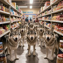 A still of an episode of Super Market Sweep where angry wolves burst into the aisles.